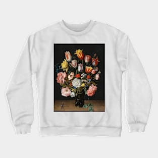 A still life of tulips, roses, bluebells, daffodils, a peony and other flowers in a glass roemer on a wooden ledge with a dragonfly by Jacob van Hulsdonck Crewneck Sweatshirt